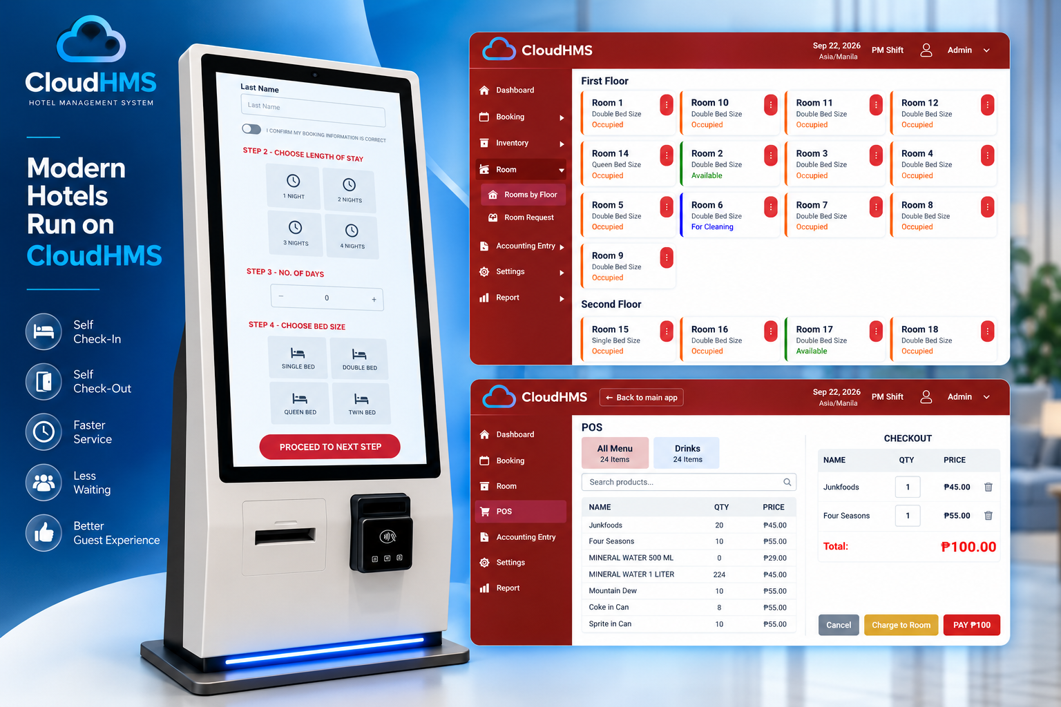 CloudHMS hotel management system — kiosk, dashboard, POS, and mobile app